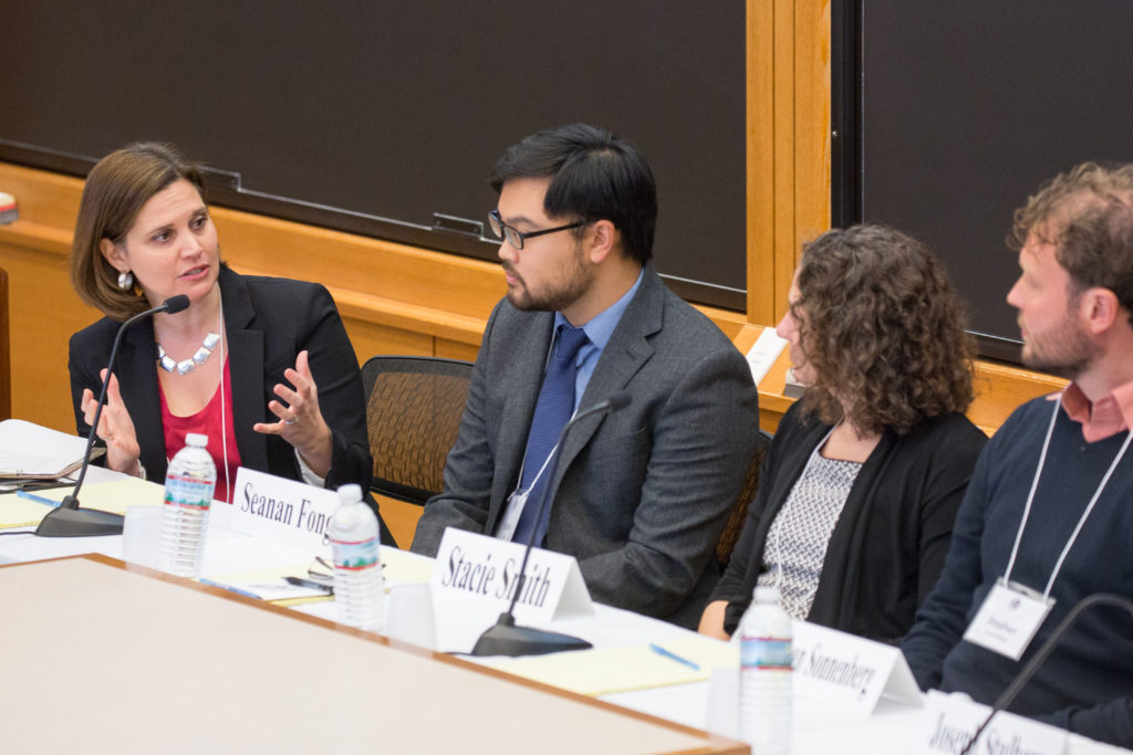 Credit: Tom Fitzsimmons. l. to r.: Rachel Viscomi ’01, Assistant Director and Clinical Instructor, HNMCP moderates the panel “Dispute Systems Design: Expanding Horizons” with Seanan Fong, HDS’16, Stacie Nicole Smith, Stephan Sonnenberg ’06, and (not pictured) Joseph B. (Josh) Stulberg.