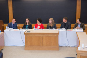 l. to r.: Robert C. Bordone ’97 moderates the panel “Political Dialogue: The Promise and Perils of Facilitation” with Heather Scheiwe Kulp, Suzanne Ghais, Liz Joyner, Fr. Josh Thomas, and Toby Berkman ’10.