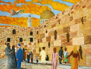 Painting of the Wailing Wall in Jerusalem, with people talking companionably, walking hand in hand, and a peace dove flying above.