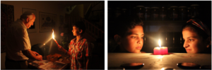 Two photographs in a work titled Mutuality. In one a grandfather and grandson engaged in a religious ritual. In the second, a young girl and boy stare at a candle.
