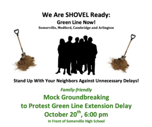 Poster for mock groundbreaking protest against green line extension delays